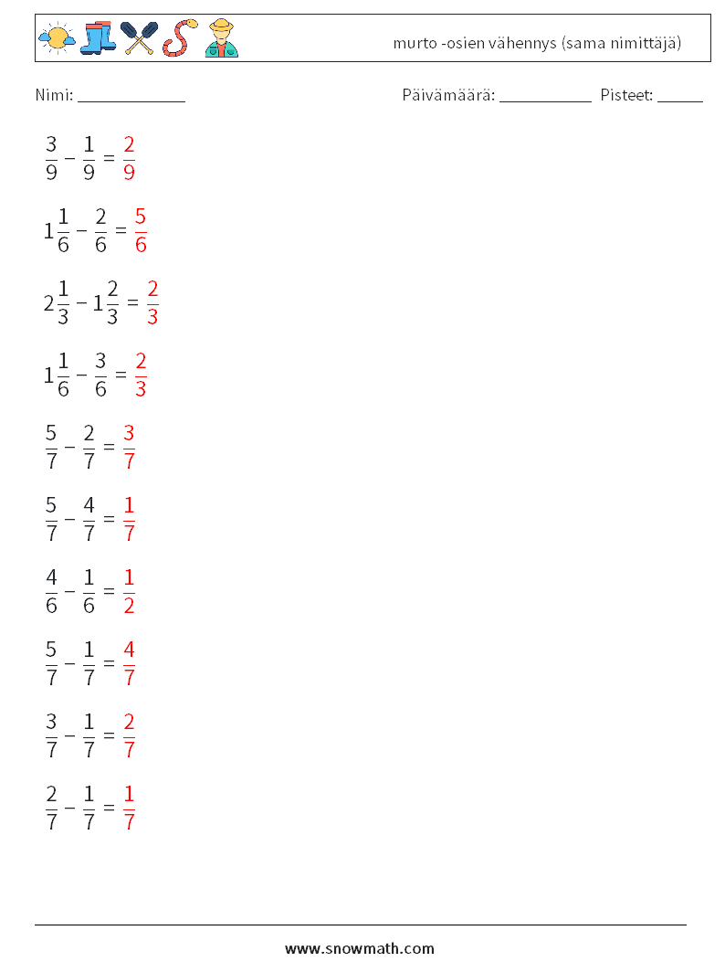 (10) murto -osien vähennys (sama nimittäjä) Matematiikan laskentataulukot 14 Kysymys, vastaus