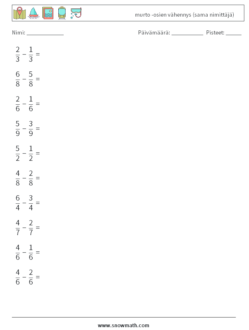 (10) murto -osien vähennys (sama nimittäjä) Matematiikan laskentataulukot 15