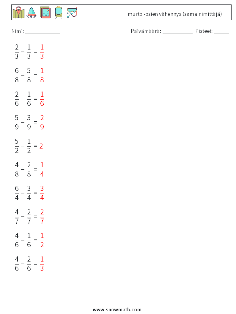 (10) murto -osien vähennys (sama nimittäjä) Matematiikan laskentataulukot 15 Kysymys, vastaus