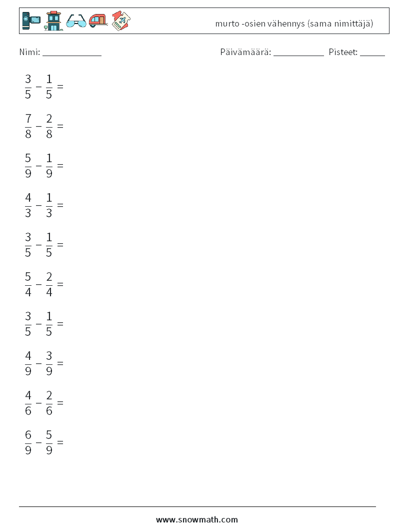 (10) murto -osien vähennys (sama nimittäjä) Matematiikan laskentataulukot 16