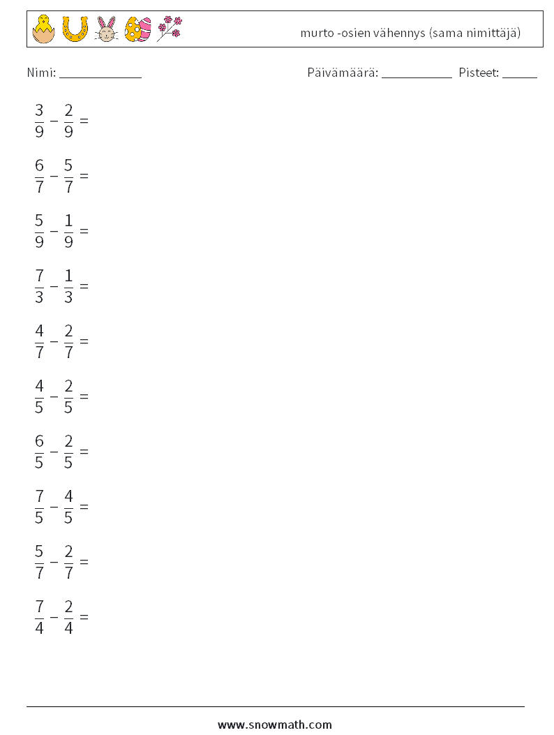 (10) murto -osien vähennys (sama nimittäjä) Matematiikan laskentataulukot 17