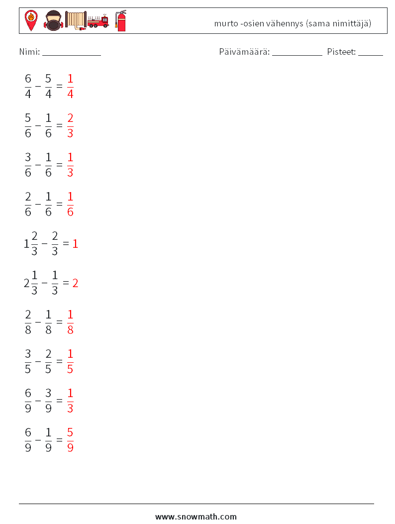 (10) murto -osien vähennys (sama nimittäjä) Matematiikan laskentataulukot 1 Kysymys, vastaus