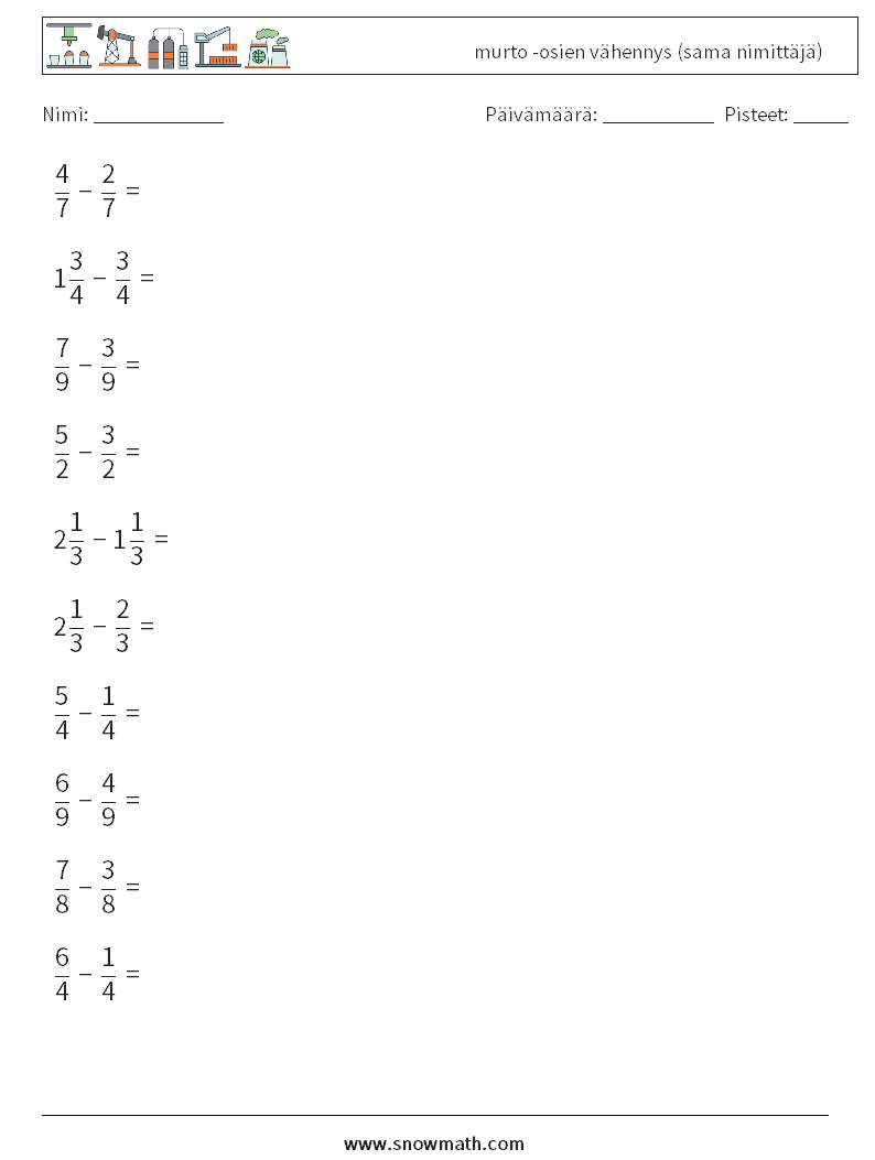 (10) murto -osien vähennys (sama nimittäjä) Matematiikan laskentataulukot 2