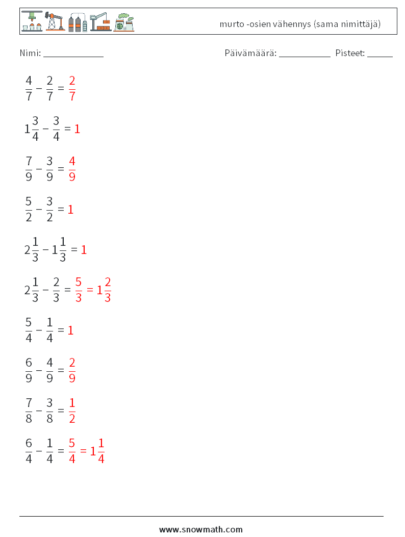 (10) murto -osien vähennys (sama nimittäjä) Matematiikan laskentataulukot 2 Kysymys, vastaus