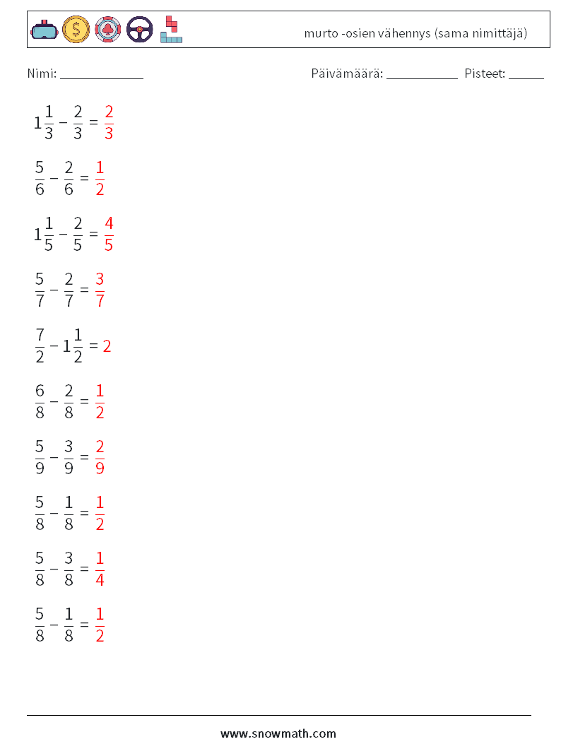 (10) murto -osien vähennys (sama nimittäjä) Matematiikan laskentataulukot 4 Kysymys, vastaus