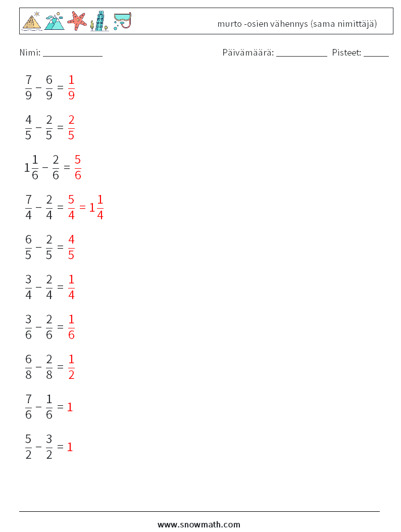 (10) murto -osien vähennys (sama nimittäjä) Matematiikan laskentataulukot 8 Kysymys, vastaus