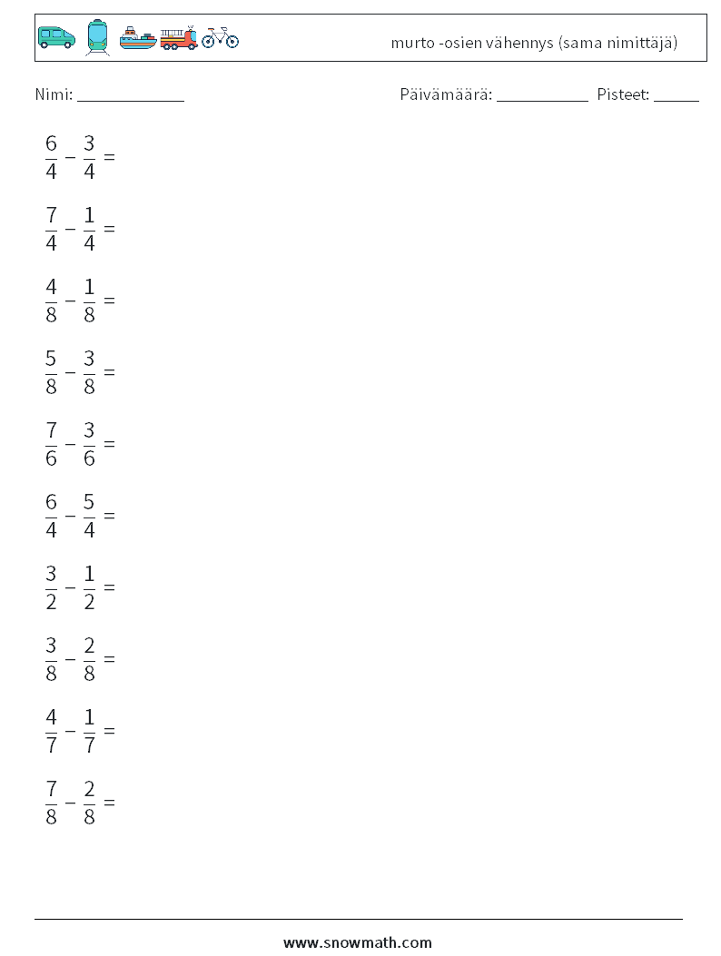 (10) murto -osien vähennys (sama nimittäjä) Matematiikan laskentataulukot 9