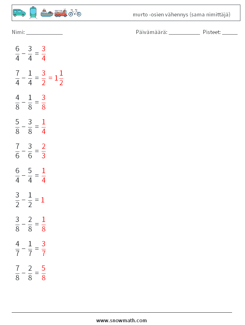 (10) murto -osien vähennys (sama nimittäjä) Matematiikan laskentataulukot 9 Kysymys, vastaus