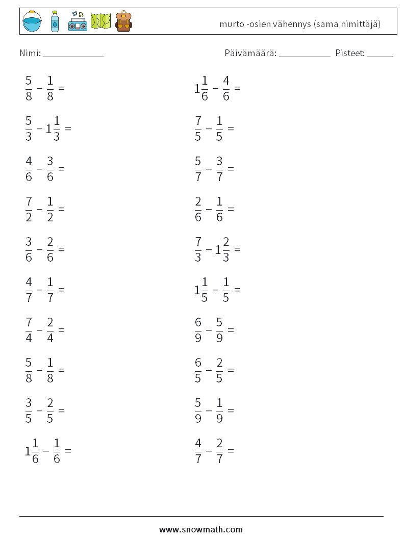 (20) murto -osien vähennys (sama nimittäjä) Matematiikan laskentataulukot 10