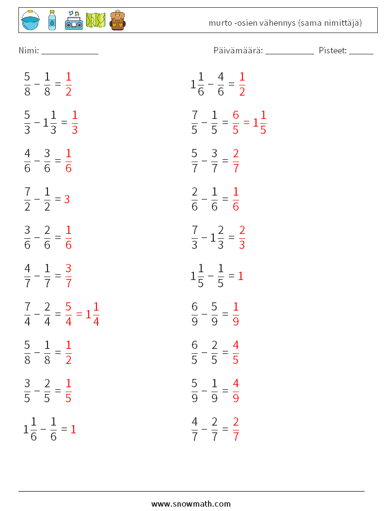 (20) murto -osien vähennys (sama nimittäjä) Matematiikan laskentataulukot 10 Kysymys, vastaus