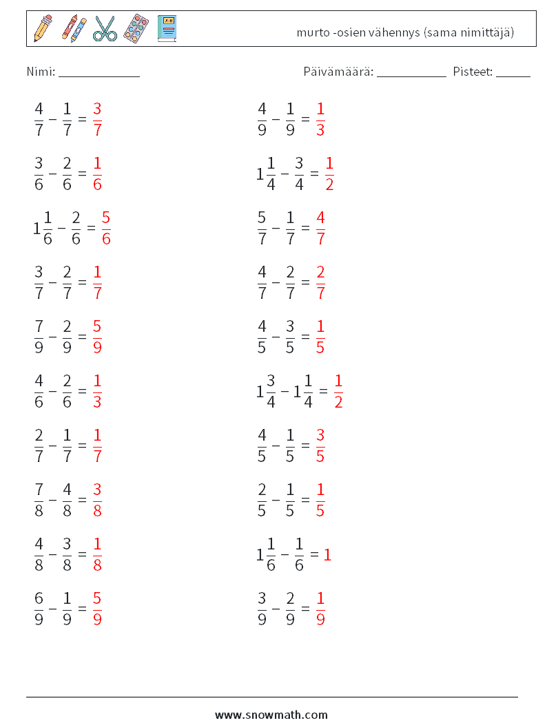 (20) murto -osien vähennys (sama nimittäjä) Matematiikan laskentataulukot 11 Kysymys, vastaus