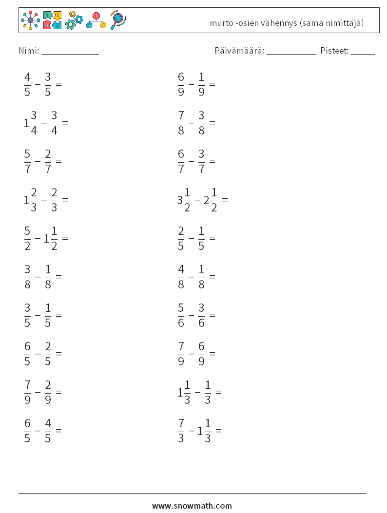 (20) murto -osien vähennys (sama nimittäjä) Matematiikan laskentataulukot 12
