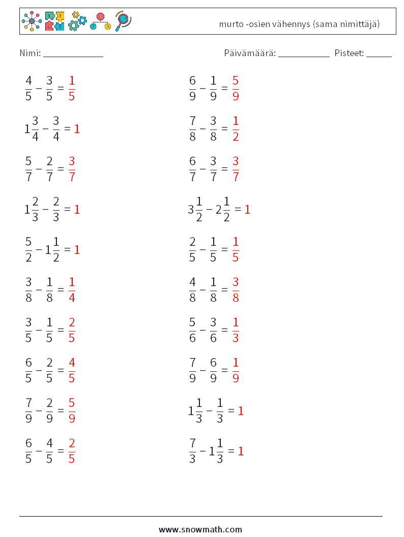 (20) murto -osien vähennys (sama nimittäjä) Matematiikan laskentataulukot 12 Kysymys, vastaus
