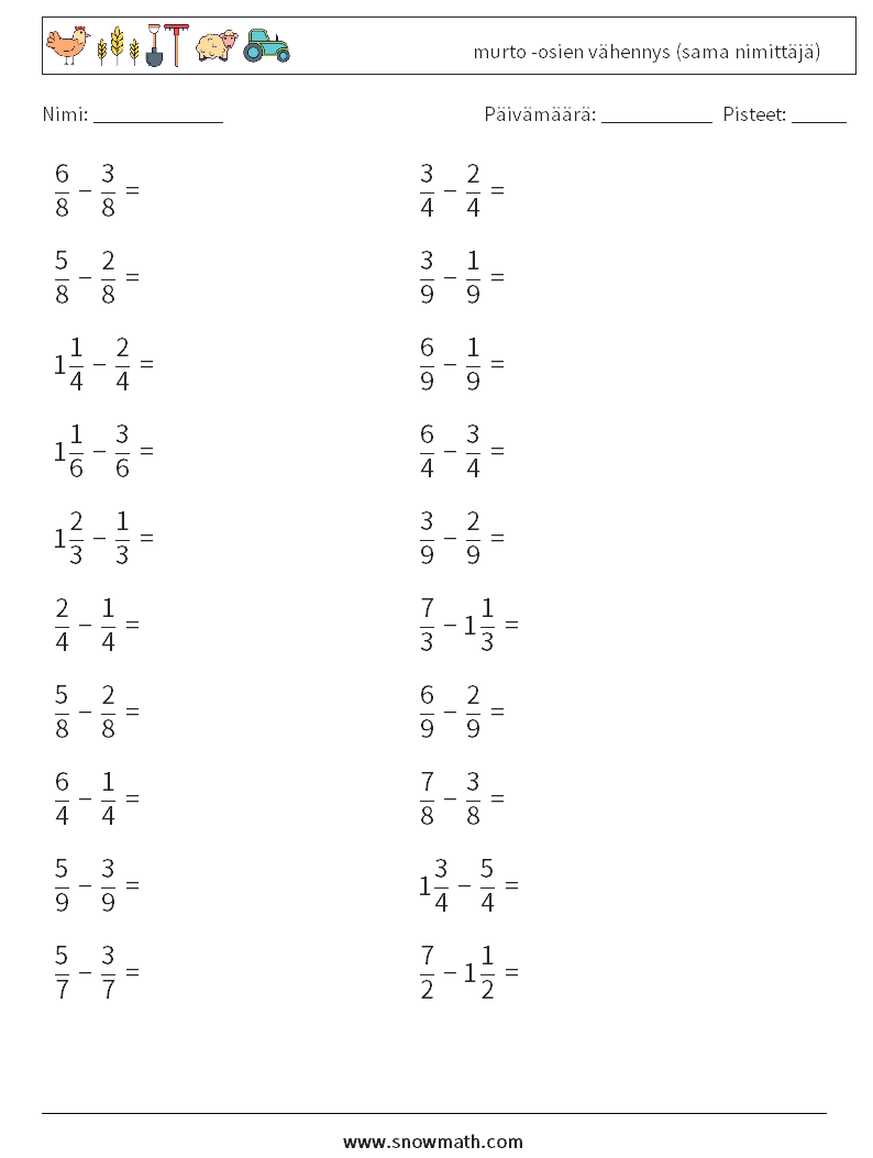 (20) murto -osien vähennys (sama nimittäjä) Matematiikan laskentataulukot 13