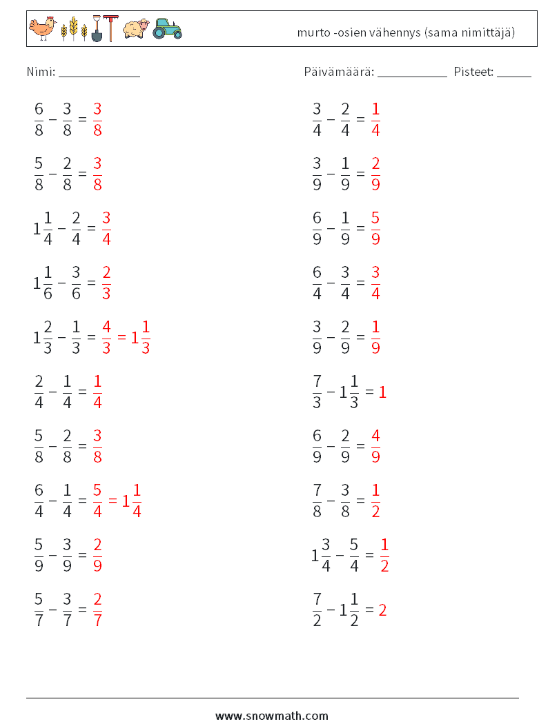 (20) murto -osien vähennys (sama nimittäjä) Matematiikan laskentataulukot 13 Kysymys, vastaus