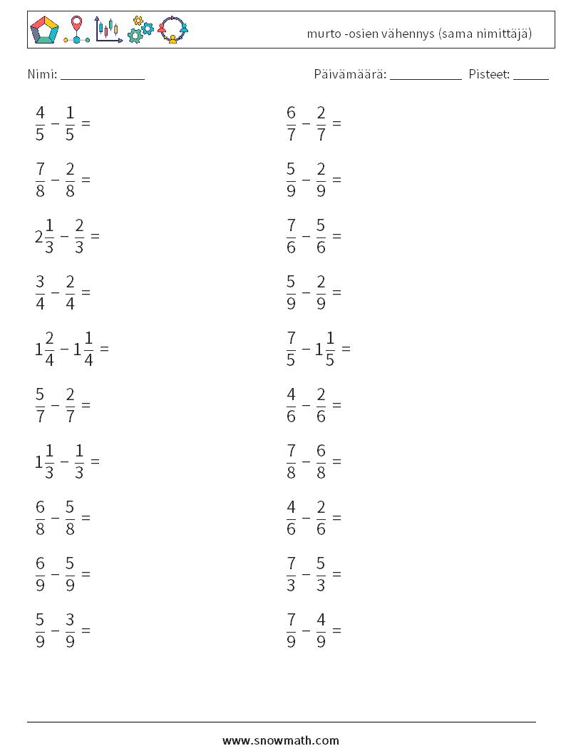 (20) murto -osien vähennys (sama nimittäjä) Matematiikan laskentataulukot 14
