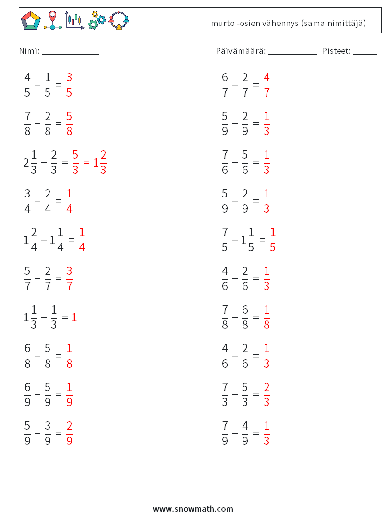 (20) murto -osien vähennys (sama nimittäjä) Matematiikan laskentataulukot 14 Kysymys, vastaus