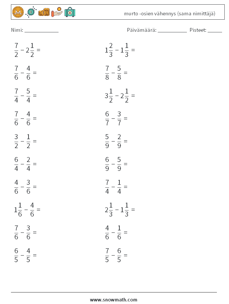 (20) murto -osien vähennys (sama nimittäjä) Matematiikan laskentataulukot 15