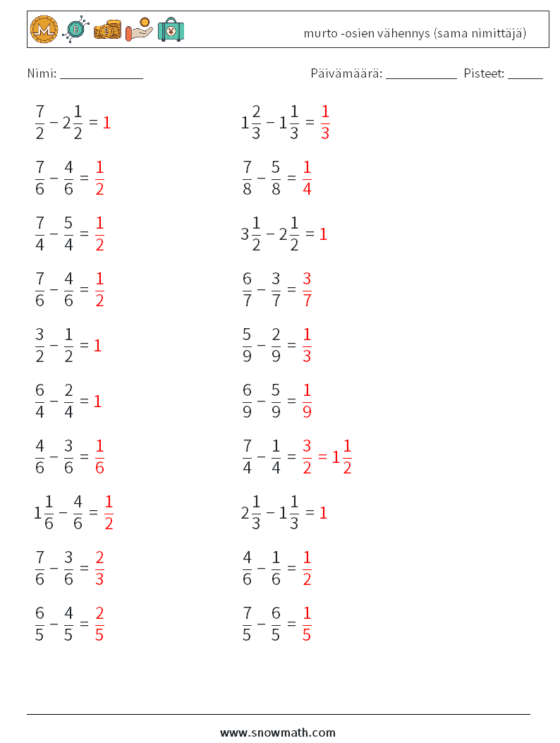 (20) murto -osien vähennys (sama nimittäjä) Matematiikan laskentataulukot 15 Kysymys, vastaus