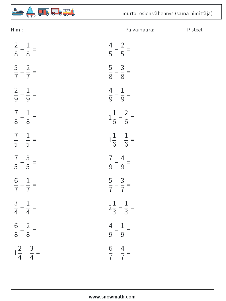 (20) murto -osien vähennys (sama nimittäjä) Matematiikan laskentataulukot 16
