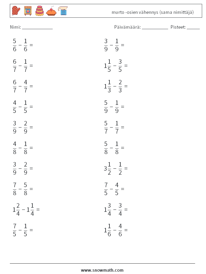 (20) murto -osien vähennys (sama nimittäjä) Matematiikan laskentataulukot 17