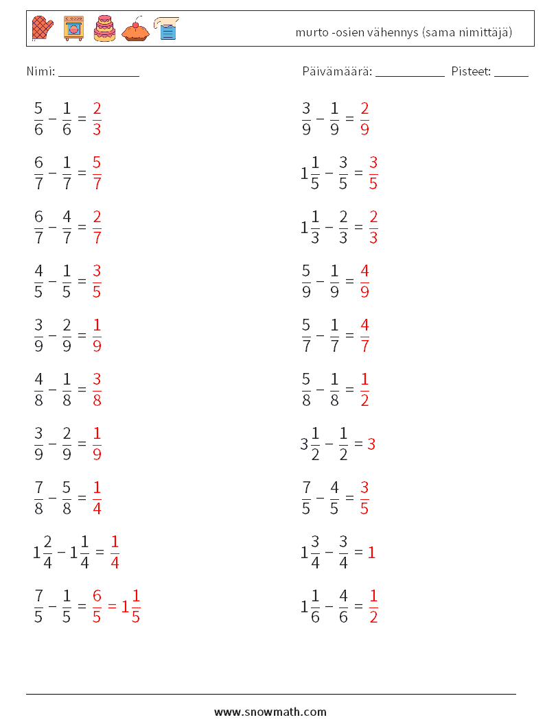 (20) murto -osien vähennys (sama nimittäjä) Matematiikan laskentataulukot 17 Kysymys, vastaus