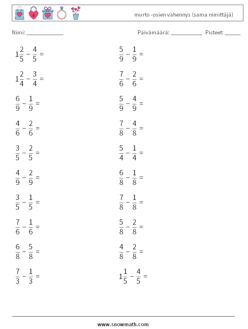 (20) murto -osien vähennys (sama nimittäjä) Matematiikan laskentataulukot 18