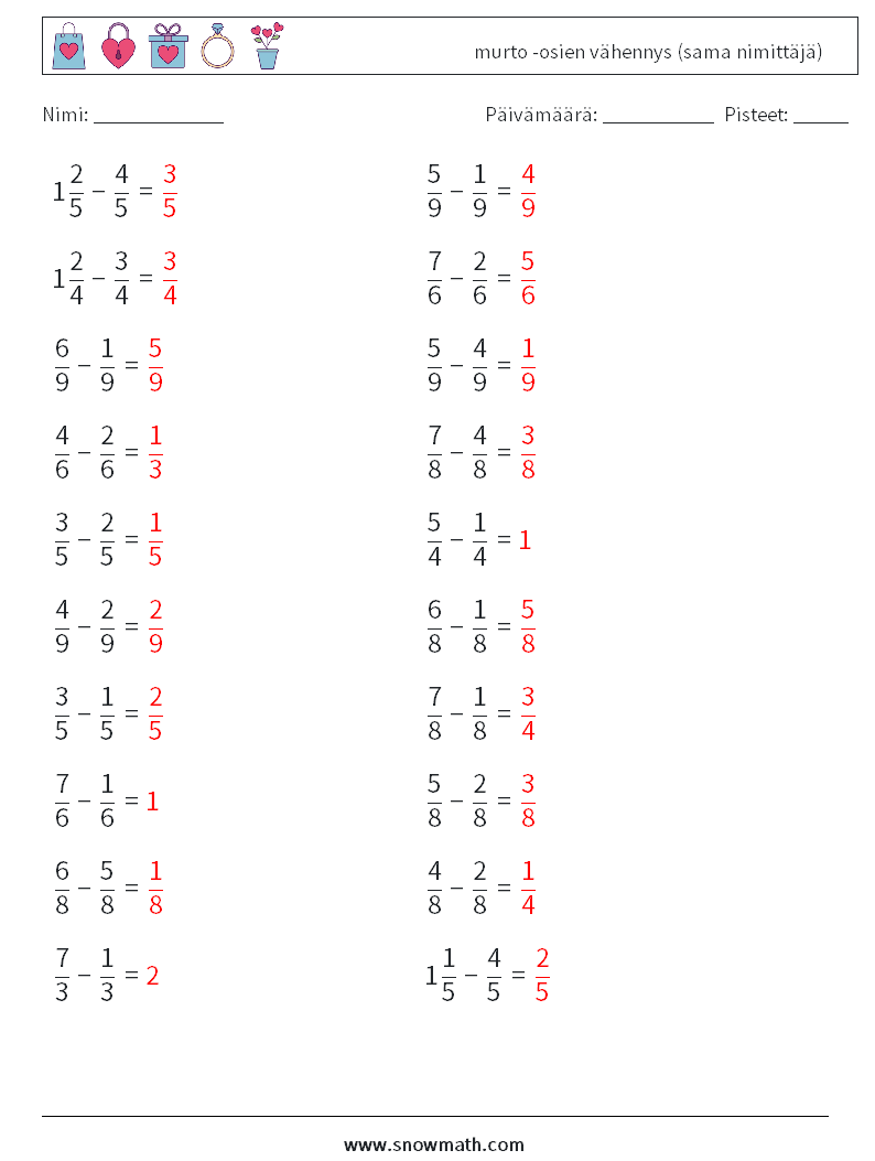 (20) murto -osien vähennys (sama nimittäjä) Matematiikan laskentataulukot 18 Kysymys, vastaus