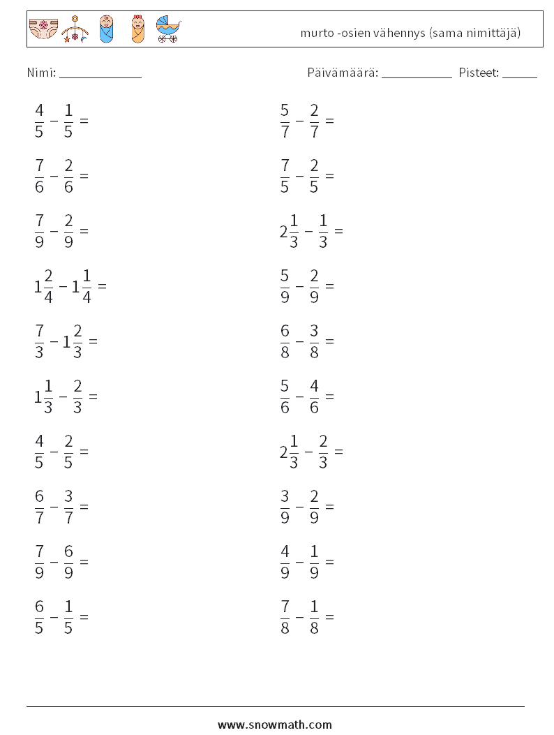 (20) murto -osien vähennys (sama nimittäjä) Matematiikan laskentataulukot 2