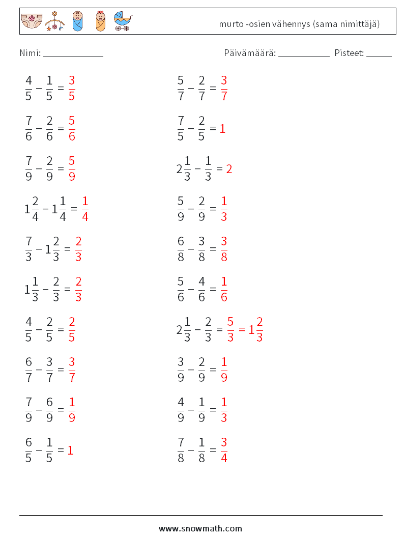 (20) murto -osien vähennys (sama nimittäjä) Matematiikan laskentataulukot 2 Kysymys, vastaus