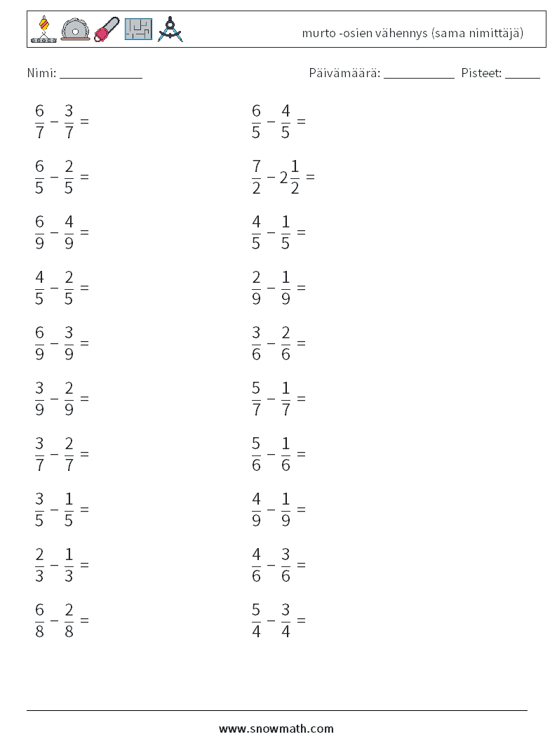 (20) murto -osien vähennys (sama nimittäjä) Matematiikan laskentataulukot 3