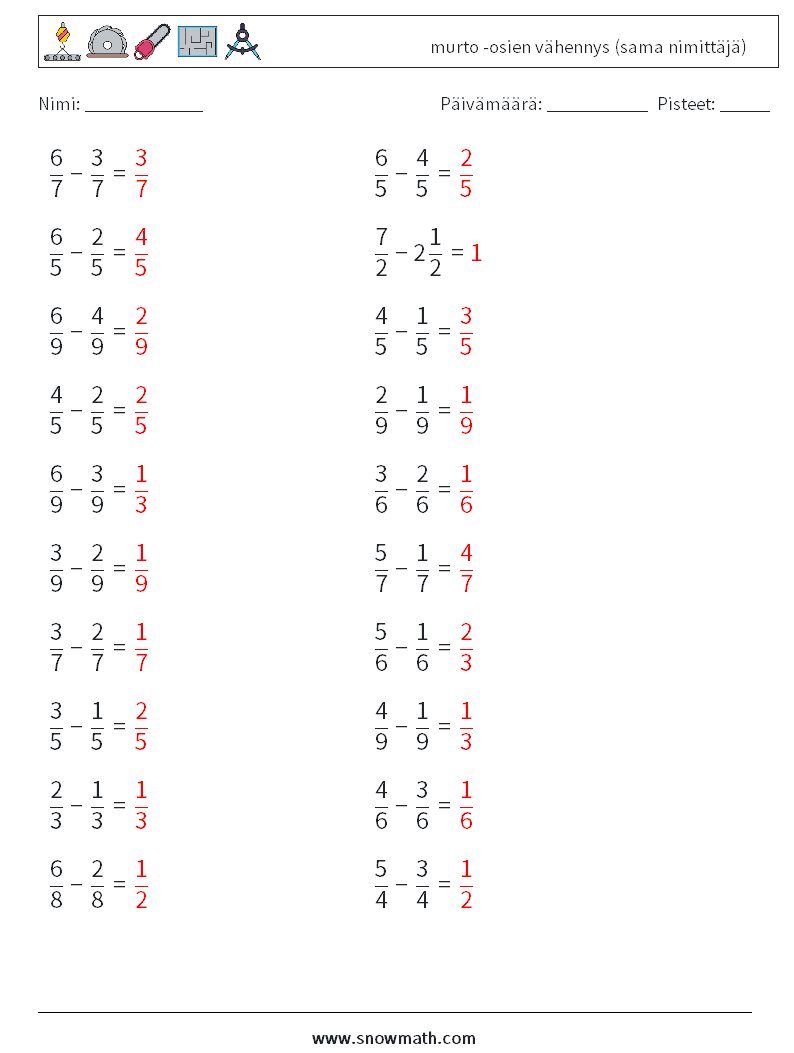 (20) murto -osien vähennys (sama nimittäjä) Matematiikan laskentataulukot 3 Kysymys, vastaus