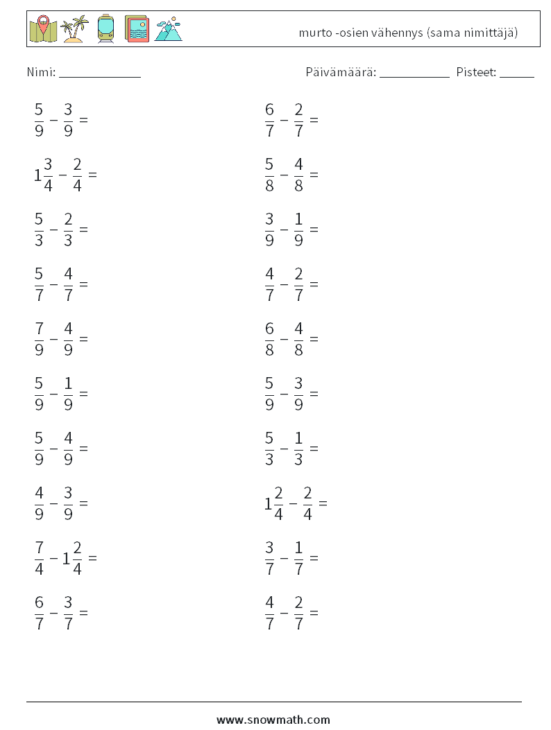(20) murto -osien vähennys (sama nimittäjä) Matematiikan laskentataulukot 4
