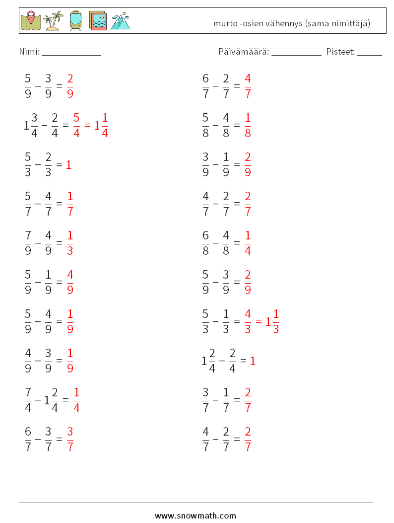 (20) murto -osien vähennys (sama nimittäjä) Matematiikan laskentataulukot 4 Kysymys, vastaus