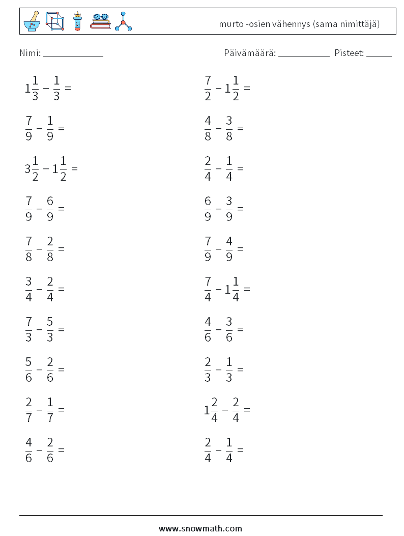 (20) murto -osien vähennys (sama nimittäjä) Matematiikan laskentataulukot 5