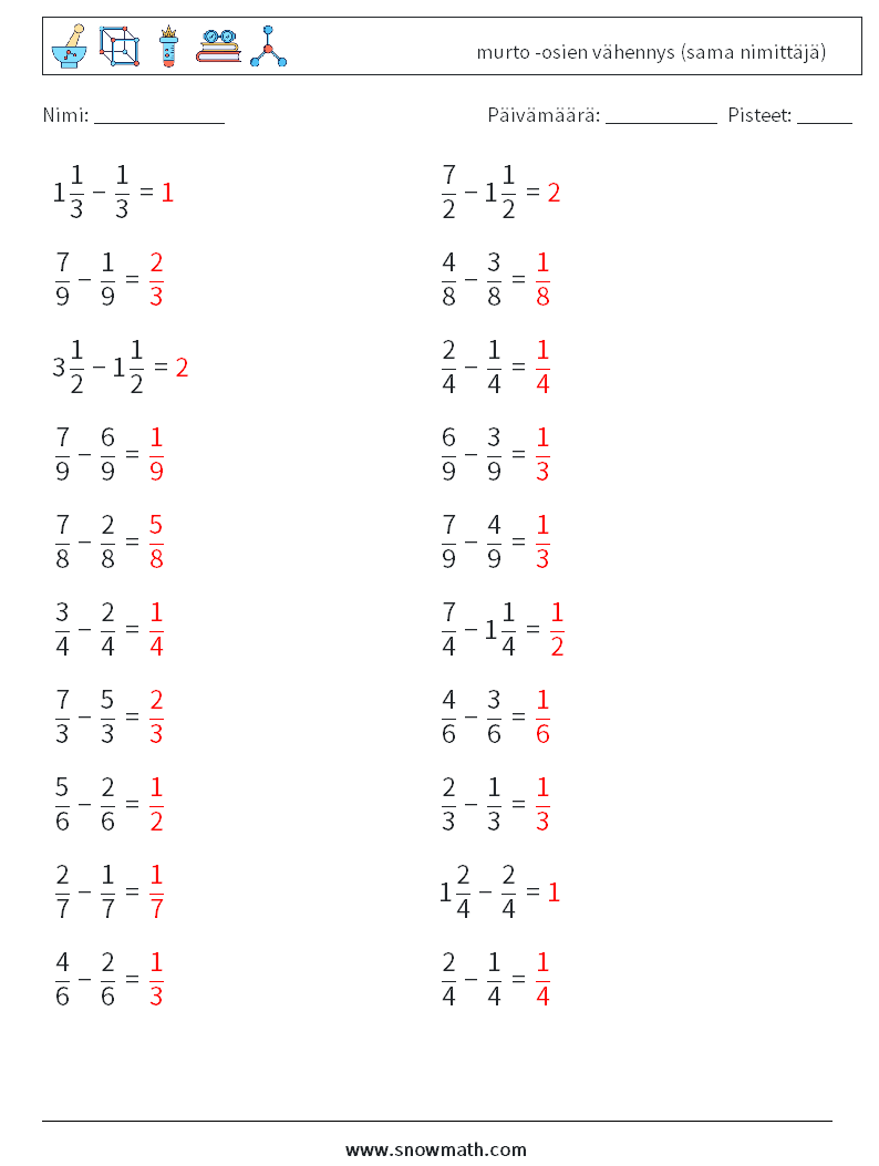 (20) murto -osien vähennys (sama nimittäjä) Matematiikan laskentataulukot 5 Kysymys, vastaus