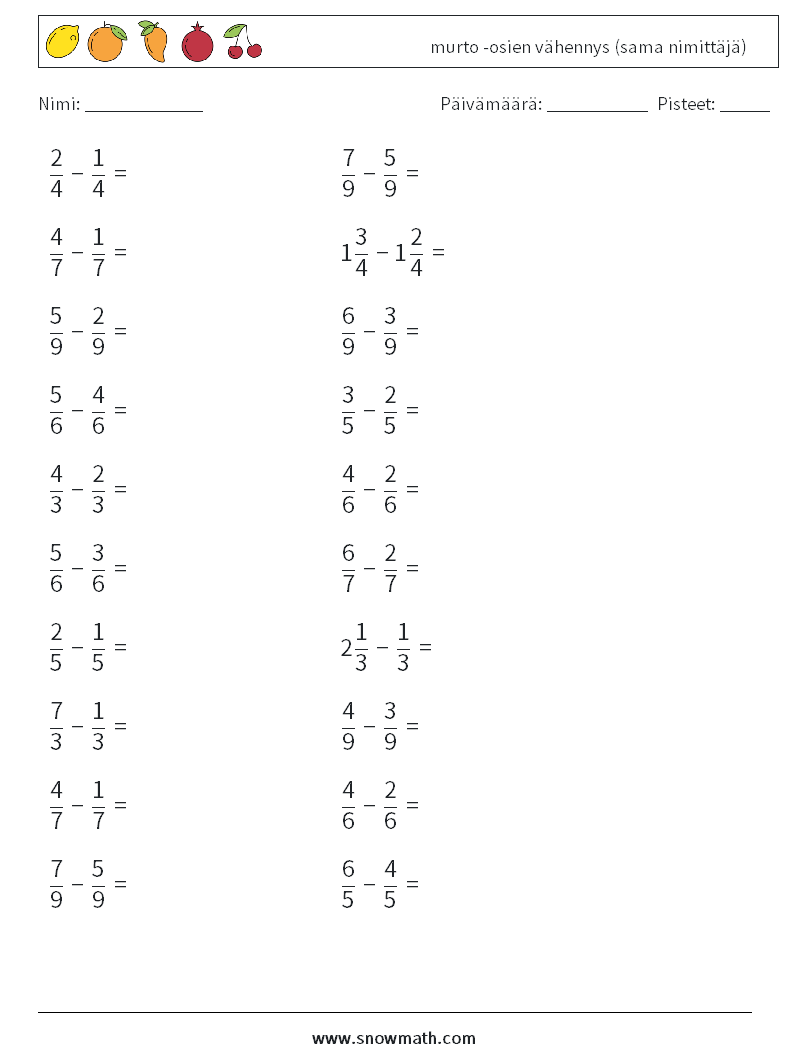 (20) murto -osien vähennys (sama nimittäjä) Matematiikan laskentataulukot 6