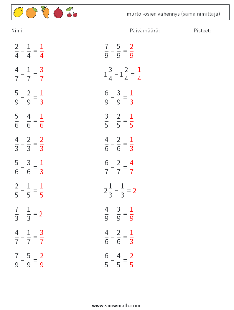(20) murto -osien vähennys (sama nimittäjä) Matematiikan laskentataulukot 6 Kysymys, vastaus