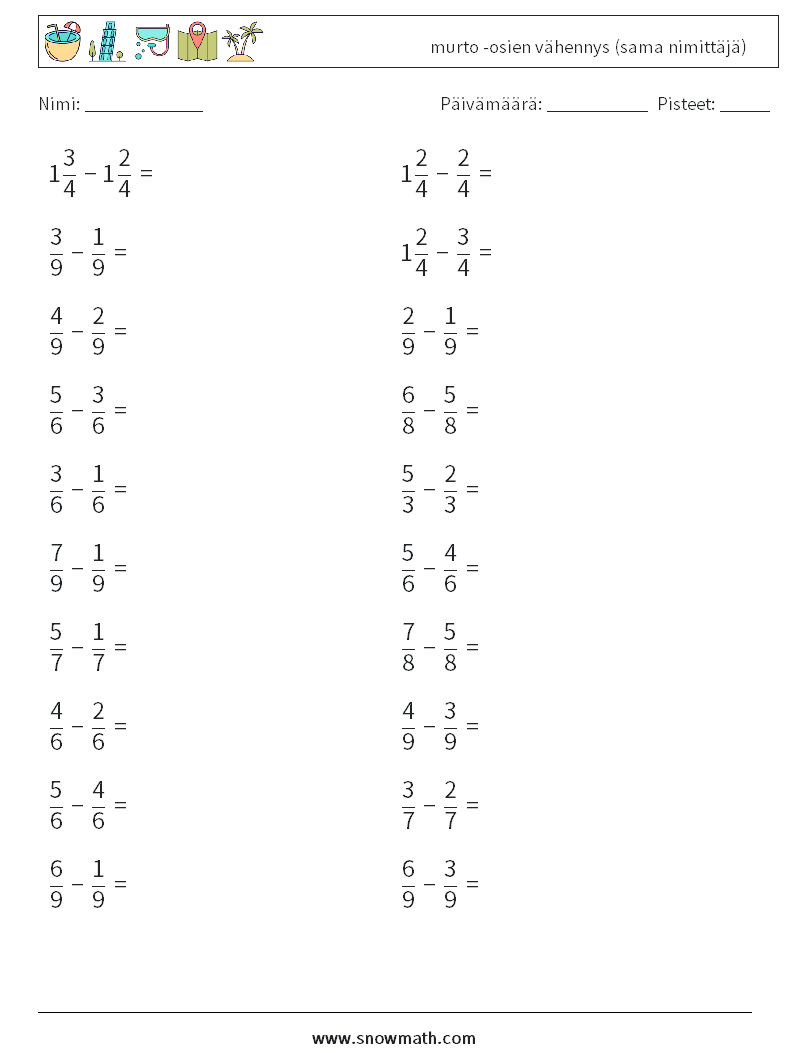 (20) murto -osien vähennys (sama nimittäjä) Matematiikan laskentataulukot 8