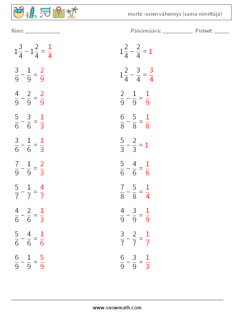 (20) murto -osien vähennys (sama nimittäjä) Matematiikan laskentataulukot 8 Kysymys, vastaus