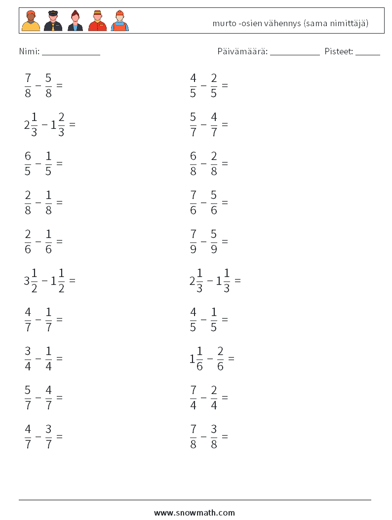(20) murto -osien vähennys (sama nimittäjä) Matematiikan laskentataulukot 9