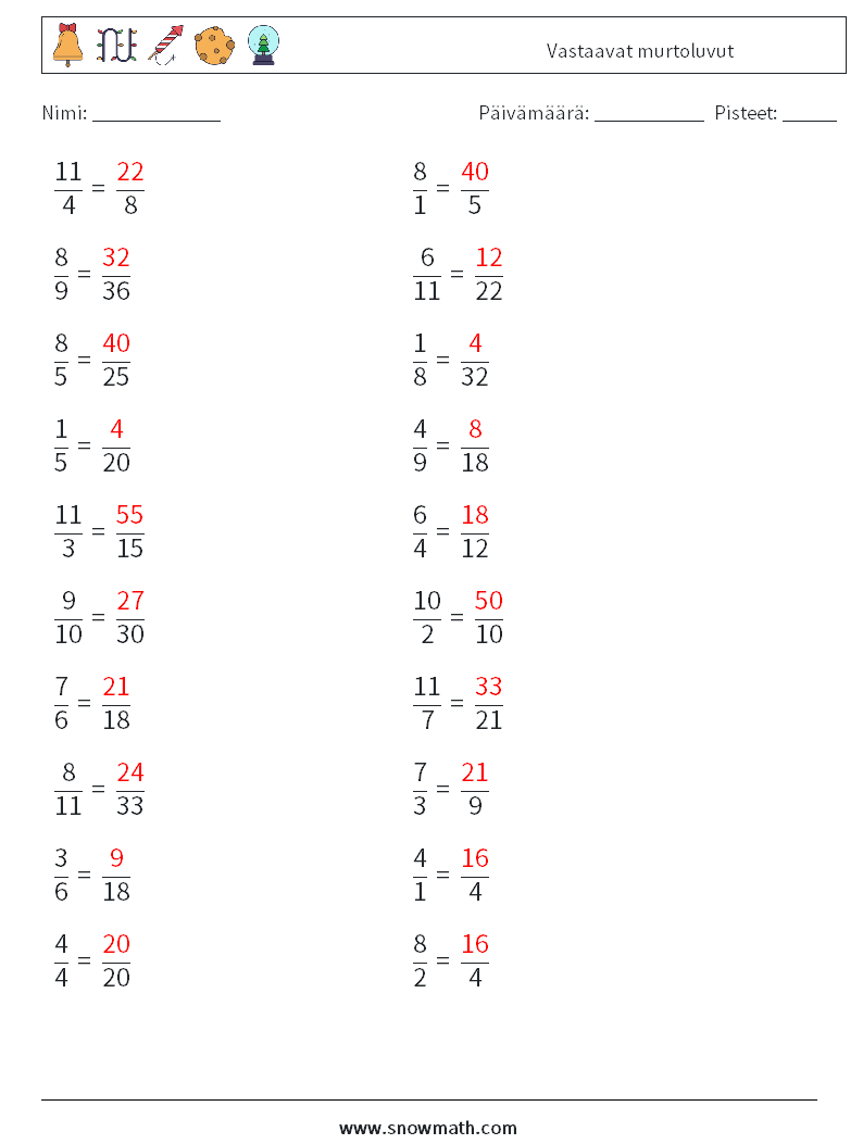 (20) Vastaavat murtoluvut Matematiikan laskentataulukot 1 Kysymys, vastaus