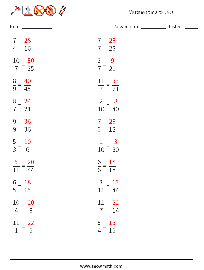 (20) Vastaavat murtoluvut Matematiikan laskentataulukot 2 Kysymys, vastaus