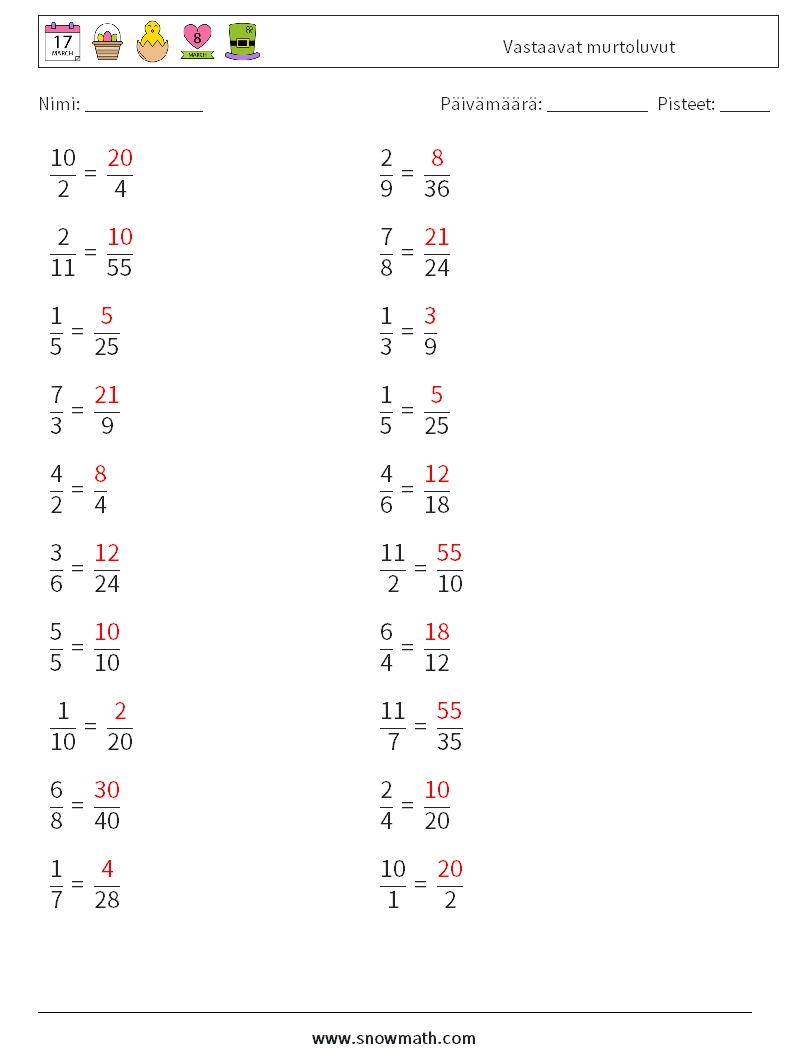 (20) Vastaavat murtoluvut Matematiikan laskentataulukot 3 Kysymys, vastaus