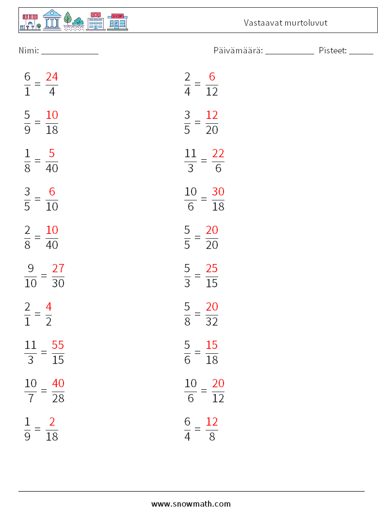 (20) Vastaavat murtoluvut Matematiikan laskentataulukot 4 Kysymys, vastaus
