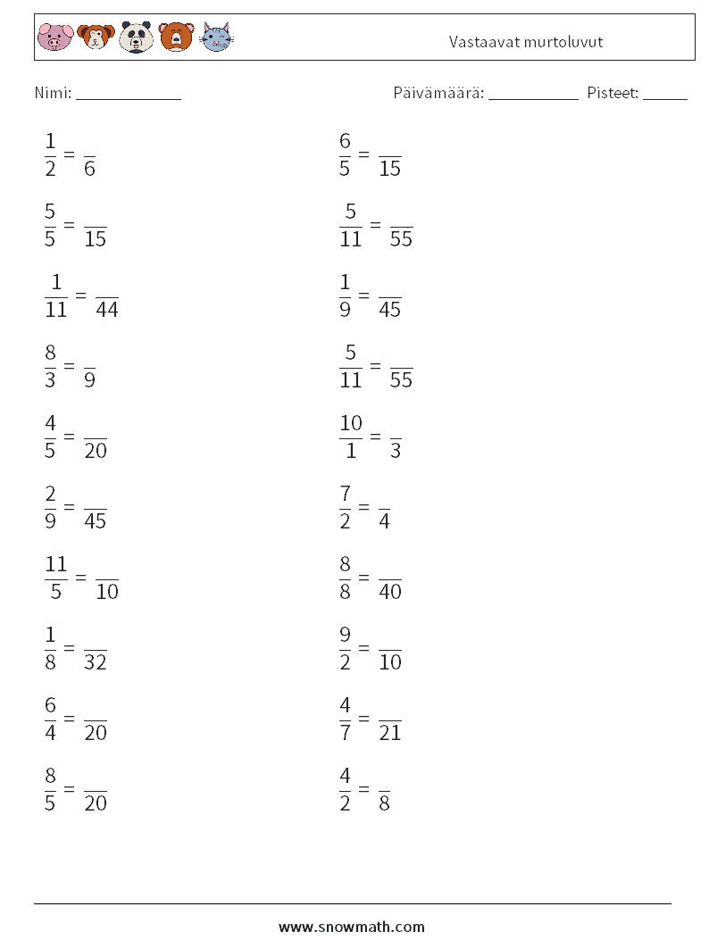 (20) Vastaavat murtoluvut Matematiikan laskentataulukot 5