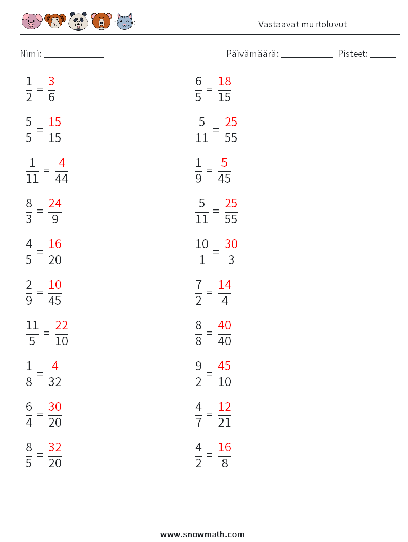 (20) Vastaavat murtoluvut Matematiikan laskentataulukot 5 Kysymys, vastaus