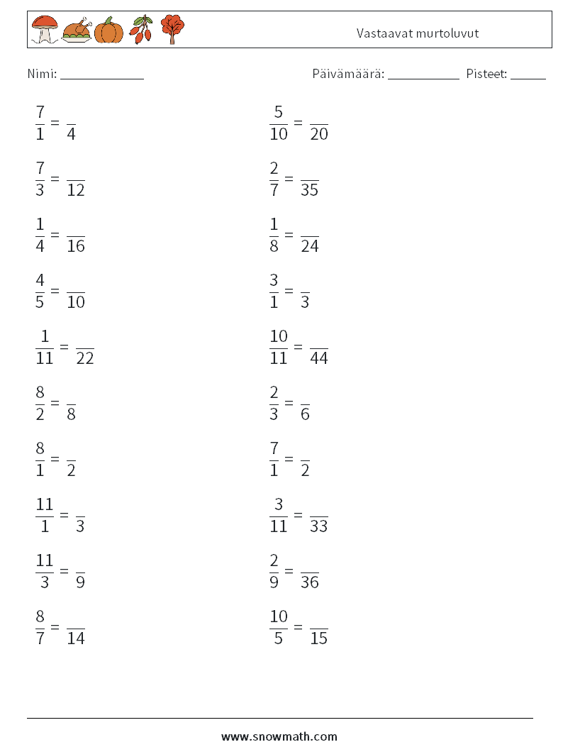 (20) Vastaavat murtoluvut Matematiikan laskentataulukot 6