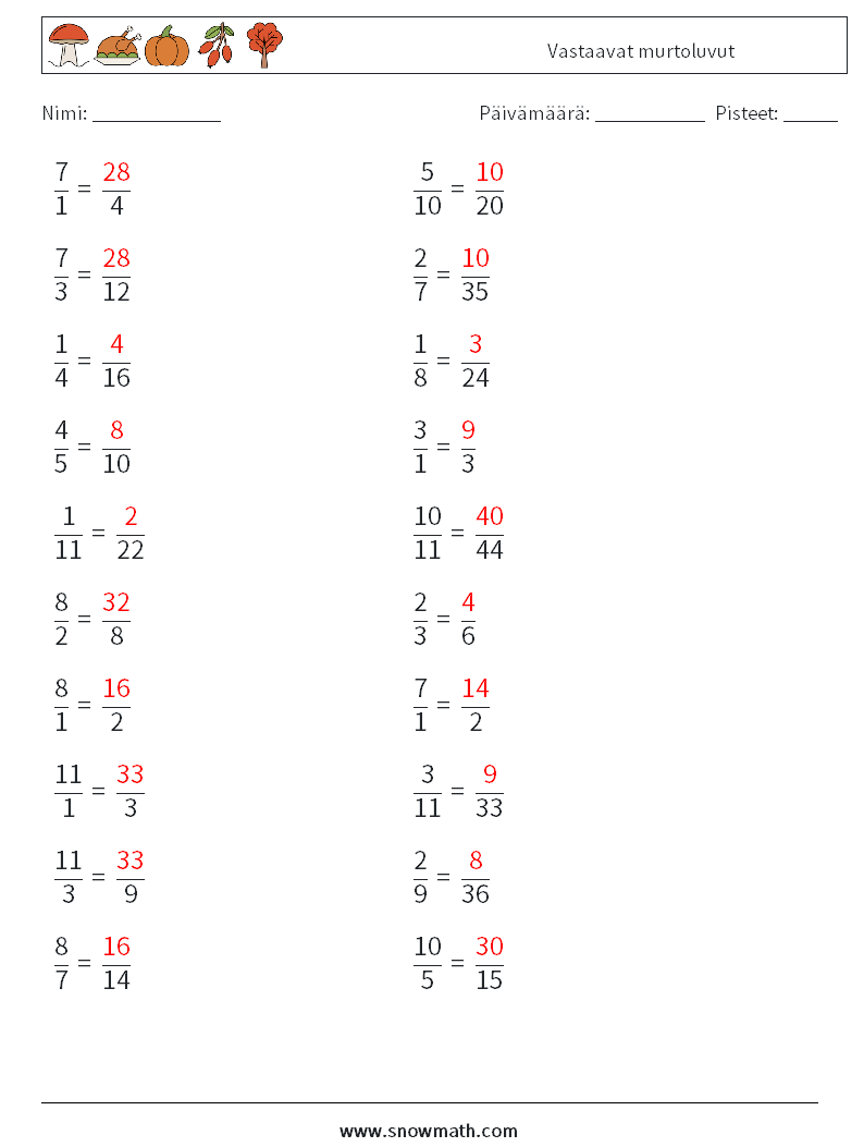 (20) Vastaavat murtoluvut Matematiikan laskentataulukot 6 Kysymys, vastaus