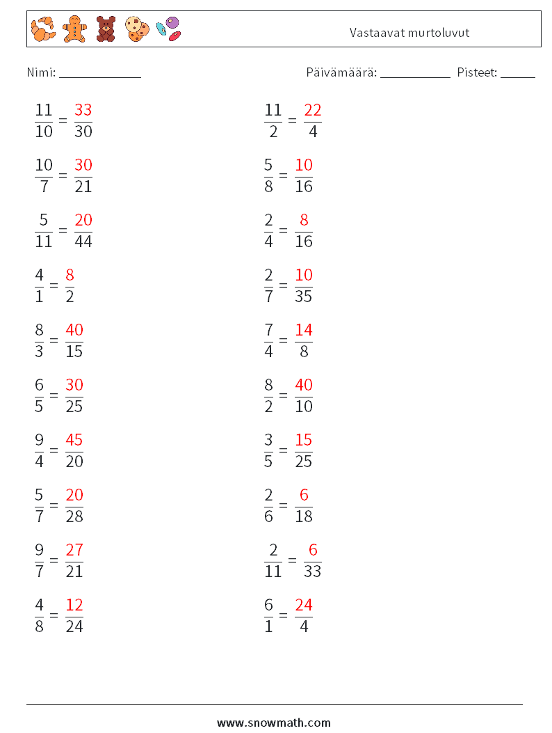 (20) Vastaavat murtoluvut Matematiikan laskentataulukot 7 Kysymys, vastaus